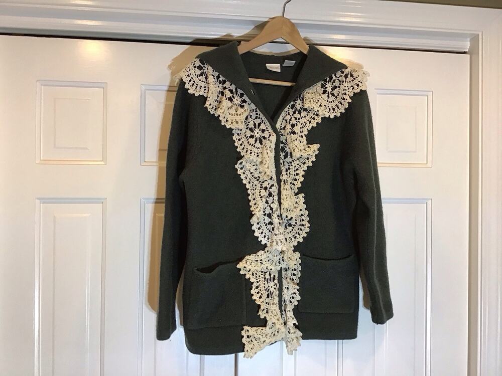 Vtg Cherokee Cottagecore Boiled Wool Lace Green Women Cardigan Sz S Granny Boho